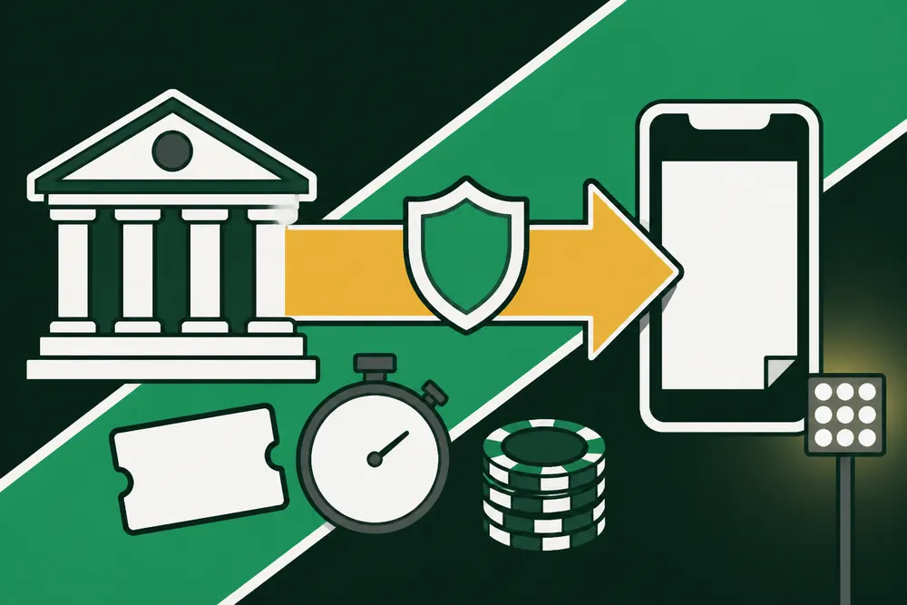 A bank block on the left, an arrow crossing to a phone holding a blank sheet, a shield on the arrow